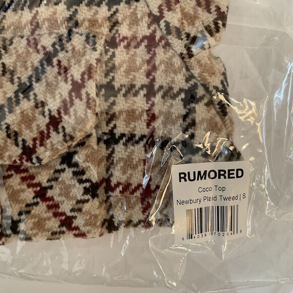 Rumored Coco Top Newbury Plaid Tweed Cropped Brown Maroon Gold, Size S NWT - Picture 2 of 10